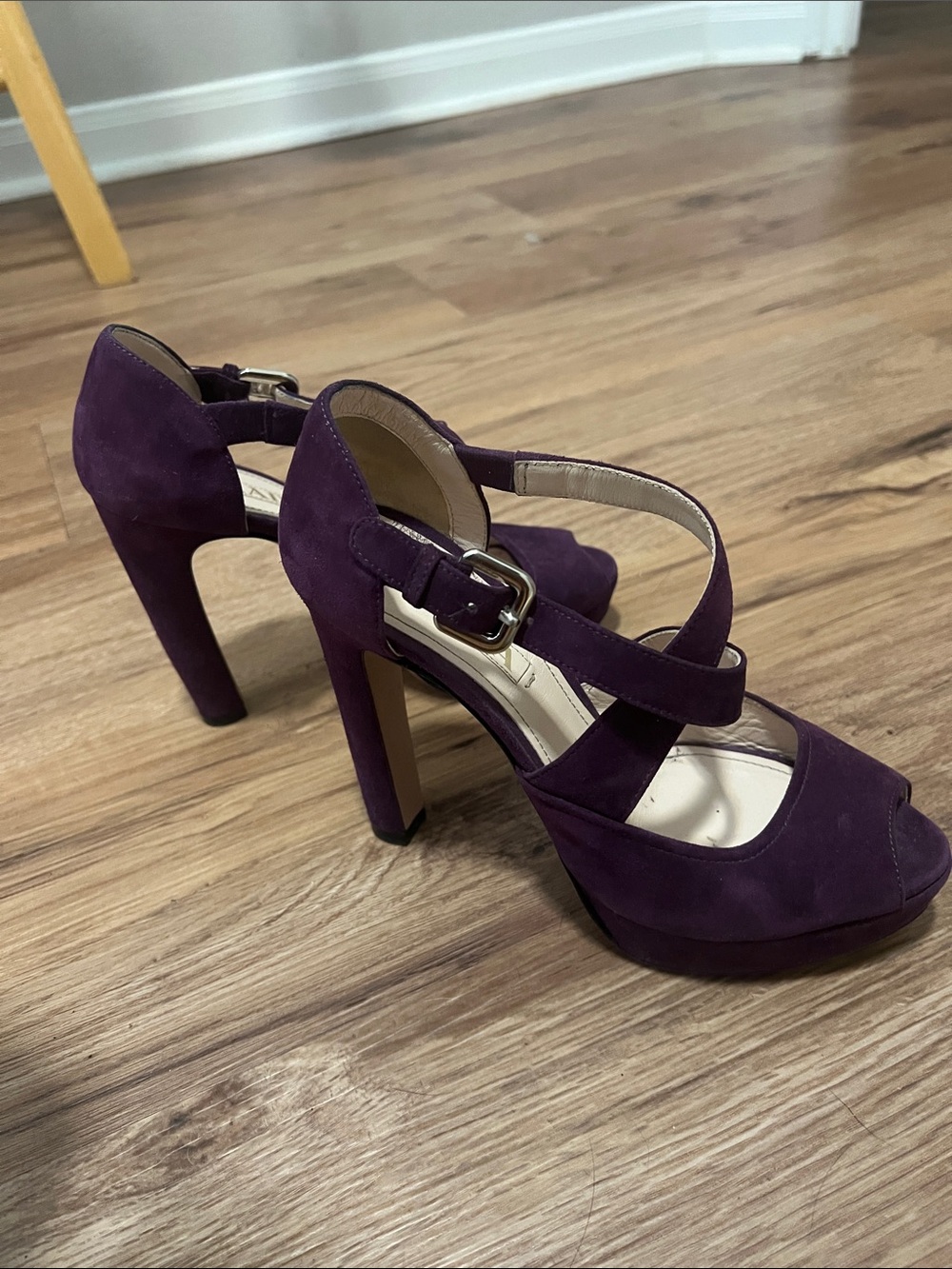 Prada Plum Suede Crisscross Peep-Toe Heels